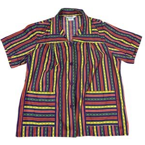 Vintage Womens Large Multi Color Striped Button‎ Up Short Sleeve Top Shirt Retro